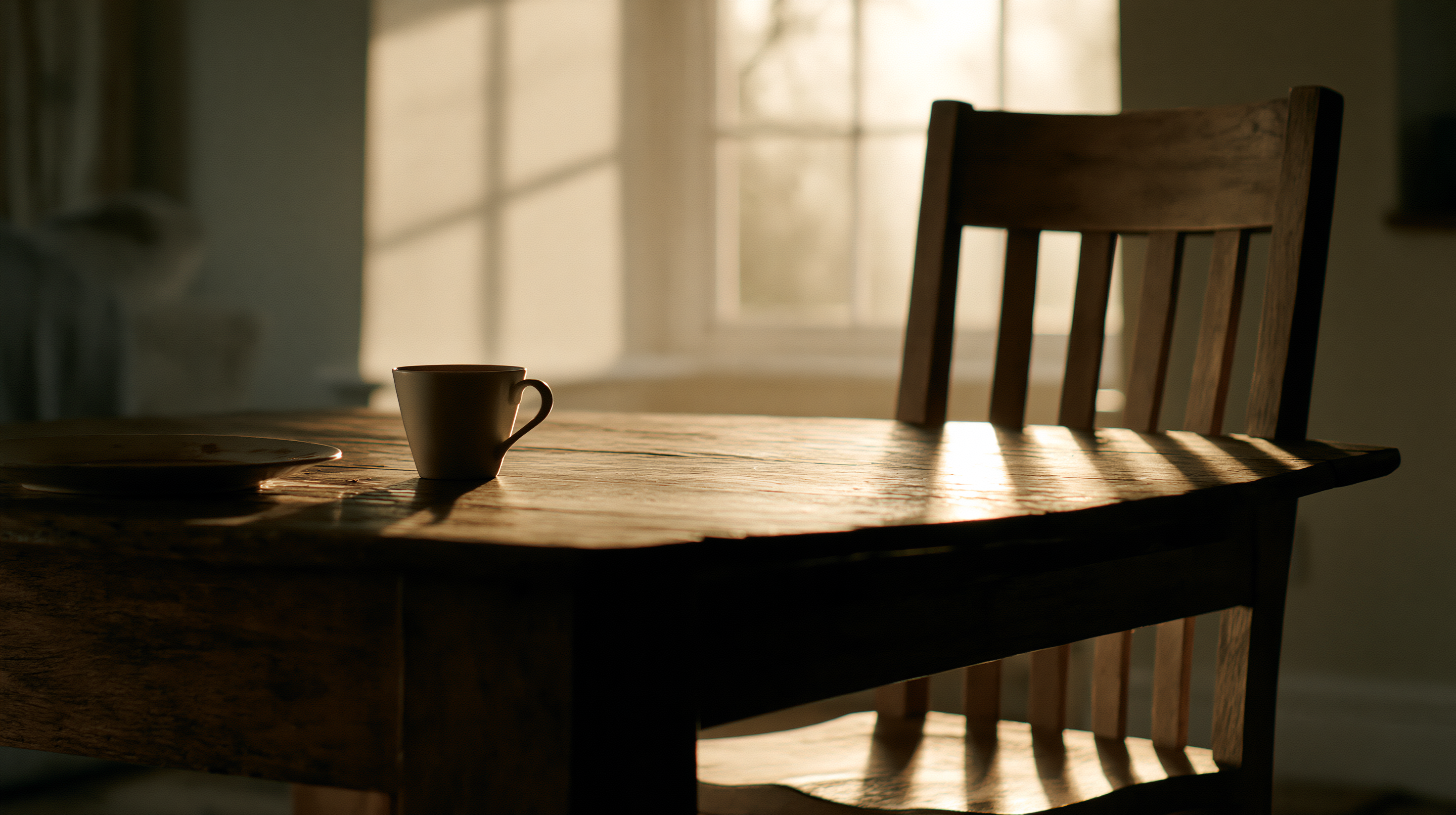 An empty chair at a kitchen table with a cup gone cold in morning light